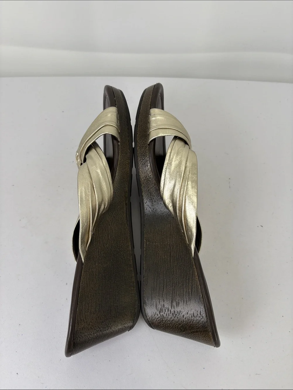 👔 Cole Haan leather wedge Metallic Gold Twisted Strap Slide Sandals